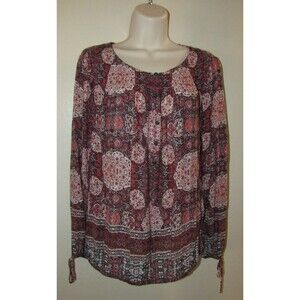 Lucky Brand Top sz M Red Floral Long Sleeve Shirt Round Neck Blouse Boho Buttons